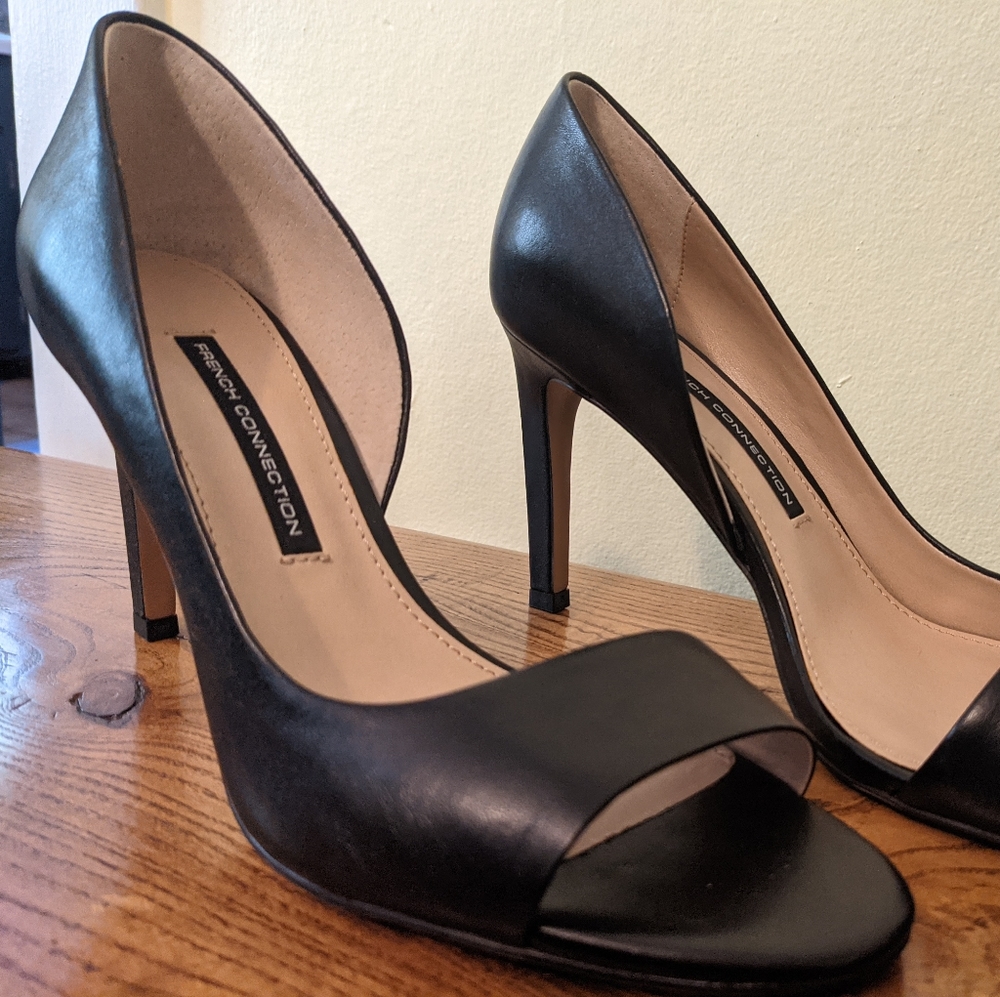 French connection black leather cut away heels, size 9